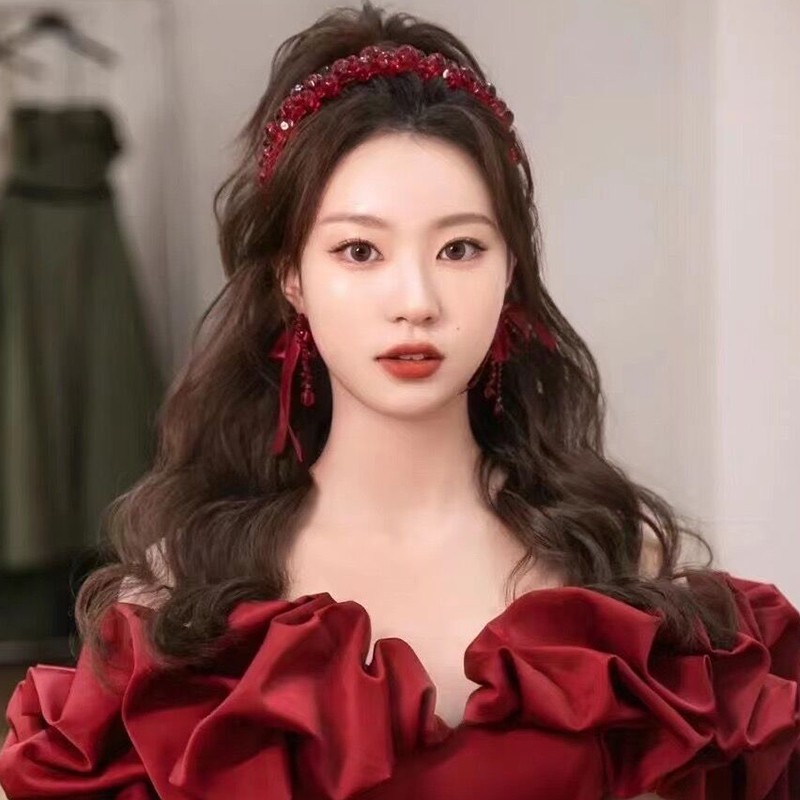 酒红色气质镶水晶珠唯美新娘结婚发箍浪漫韩式婚礼敬酒服宴会头饰