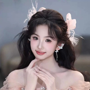韩式礼服新娘头饰粉色蝴蝶羽毛对夹婚纱秀禾汉服新中式发饰超仙