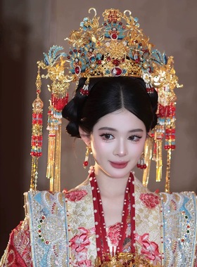 汉服凤冠金红蓝色新娘蓝色凤凰发冠整环全冠头饰秀禾发饰显脸小