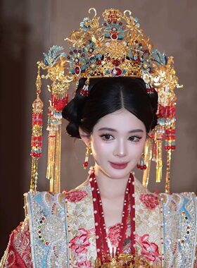 汉服凤冠金红蓝色新娘蓝色凤凰发冠整环全冠头饰秀禾发饰显脸小