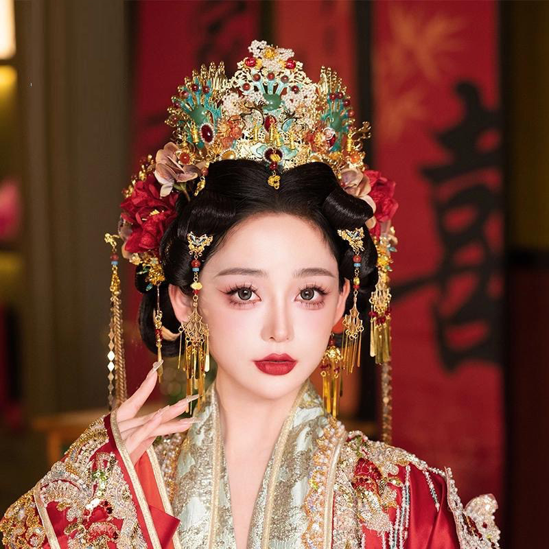 红色中式新娘秀禾服头饰减龄古风汉服龙凤褂结婚传统古装婚礼发饰