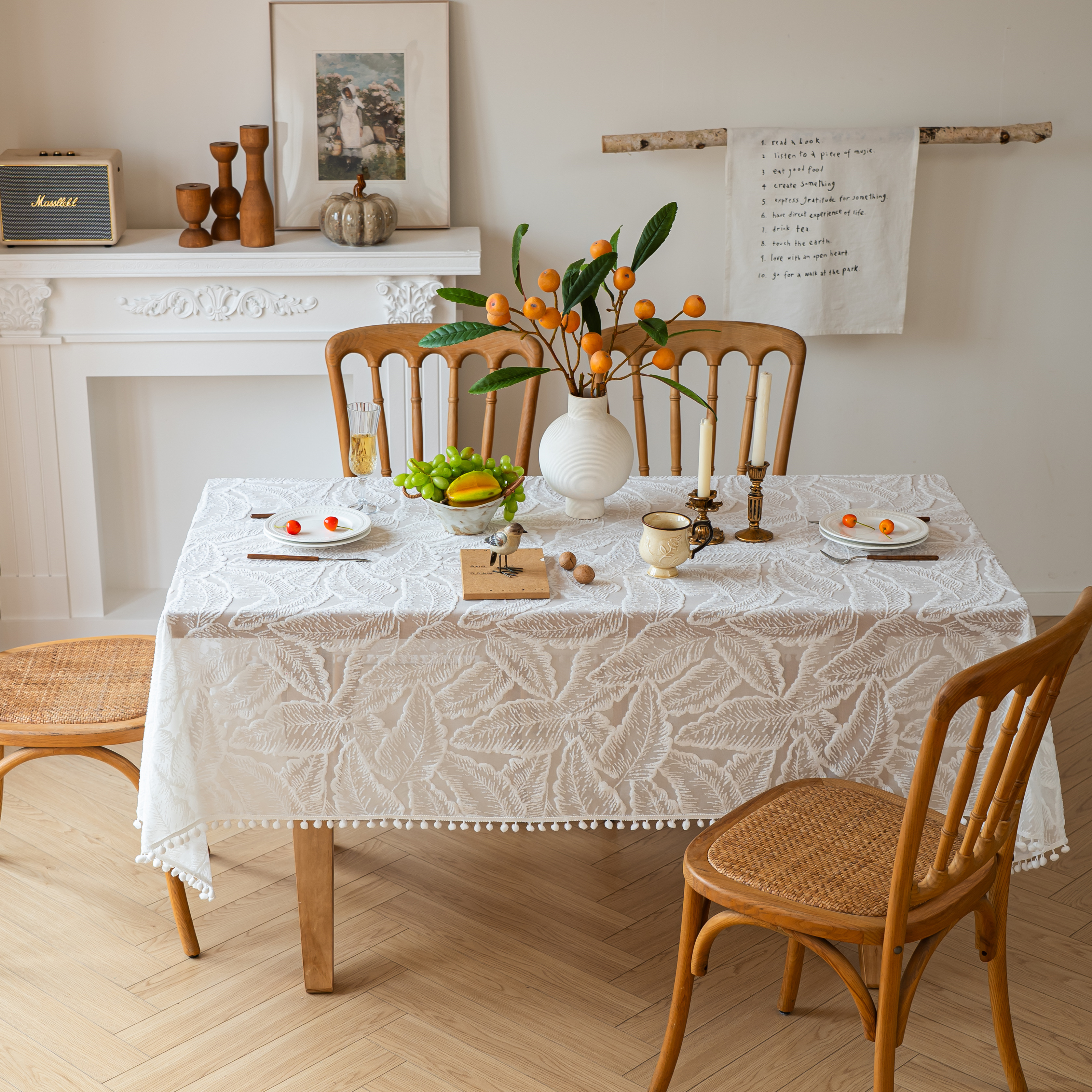 羽毛纱蕾丝球球边桌布盖布长方形白色田园餐桌布圆桌圆形小台布