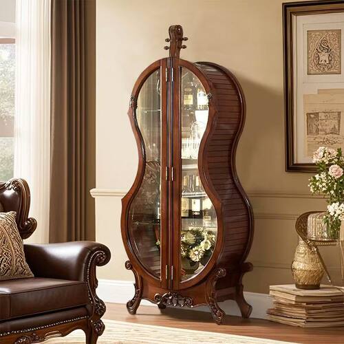 美式大提琴酒柜展示柜客厅高档复古艺术洋酒柜欧式实木玻璃红酒柜