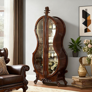 高端美式艺术提琴实木酒柜家用客厅靠墙玻璃展示柜储物收纳置物架
