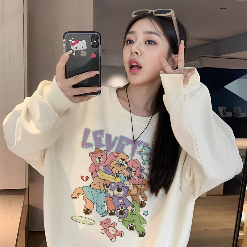卡通玩偶熊慵懒风创意印花圆领卫衣女秋冬季韩系穿搭加绒休闲上衣