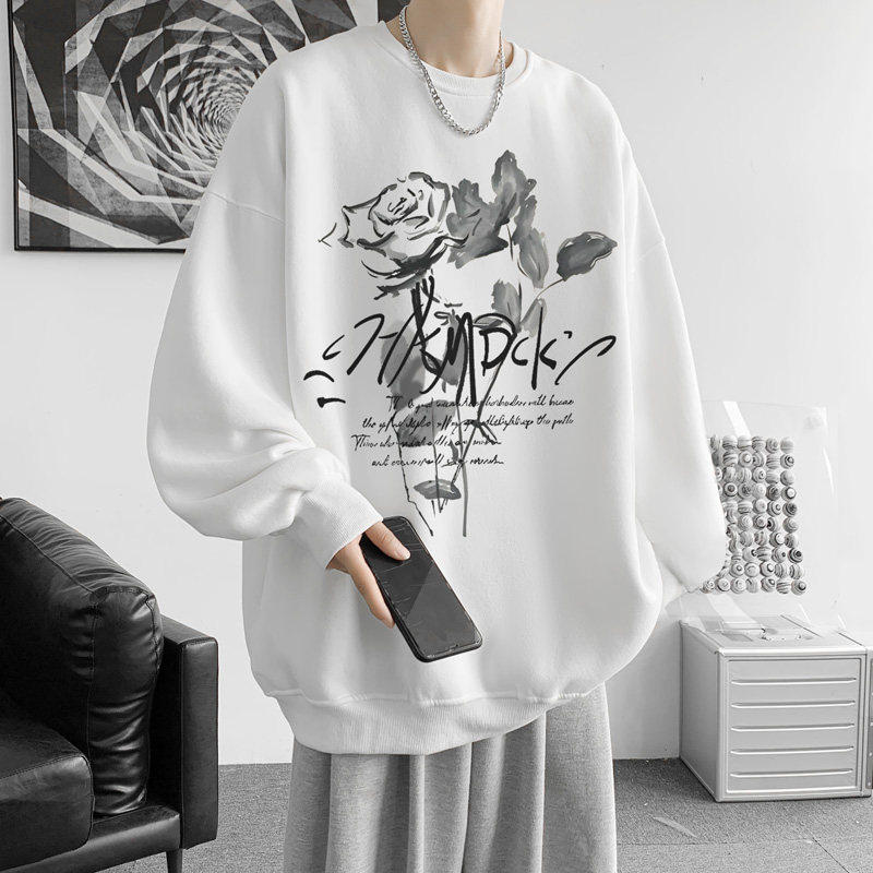 秋季水墨花设计感圆领卫衣男重磅痞帅外套情侣休闲宽松打底衫潮流