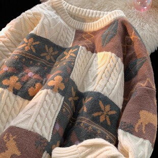 日系复古毛衣男慵懒风青少年圆领休闲针织衫潮牌扭花秋冬格子外套