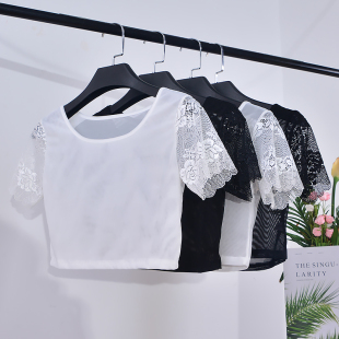 上衣半身t恤修身 2019夏新款 蕾丝超短款 女短袖 内搭 半截网纱打底衫