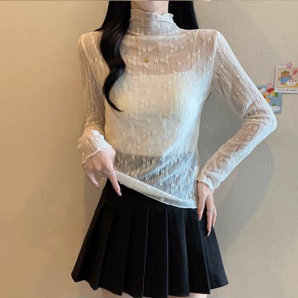 大尺码女装半高领蕾丝长袖T恤打底衫女夏季胖妹妹显瘦内搭透视上
