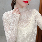 内搭洋气立领网纱上衣 全棉长袖 纯棉雷丝上衣女蕾丝打底衫 春秋薄款