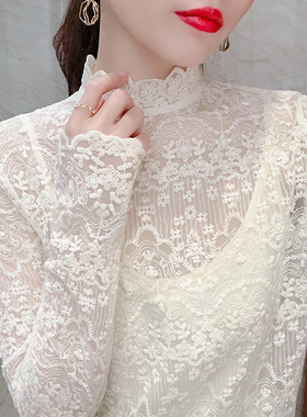 纯棉雷丝上衣女蕾丝打底衫春秋薄款全棉长袖内搭洋气立领网纱上衣