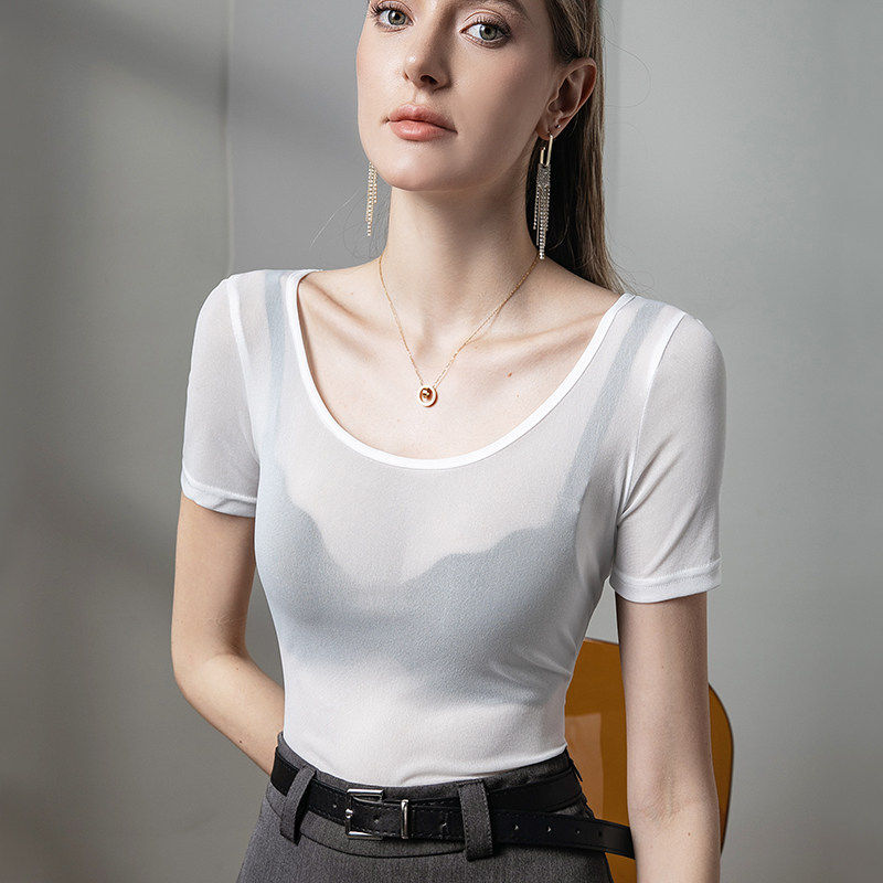 透明网纱t恤女短袖夏季女装黑色薄纱显瘦辣妹上衣圆领性感打底衫 - 实物图