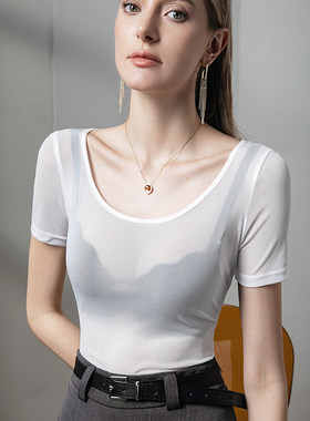 透明网纱t恤女短袖夏季女装黑色薄纱显瘦辣妹上衣圆领性感打底衫