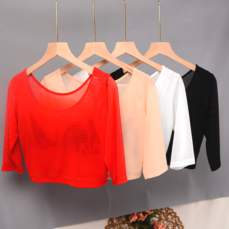 半截透视薄款双层网纱上衣短款中袖T恤女性显瘦圆领内搭罩衫打底