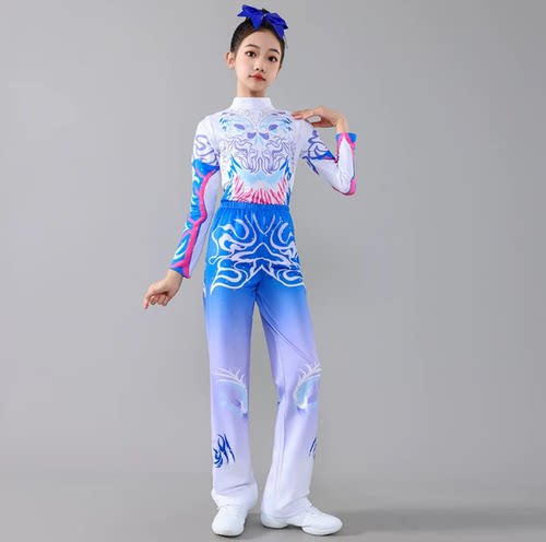 儿童啦啦队服白蓝龙纹比赛表演