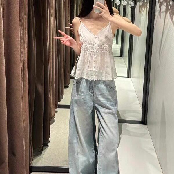 美式浅色设计感拼接牛仔裤女