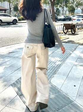 美式浅杏色低腰阔腿牛仔裤女