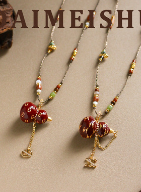 原创时尚精致红色滴油葫芦手工编织串珠毛衣链轻奢感长项链女