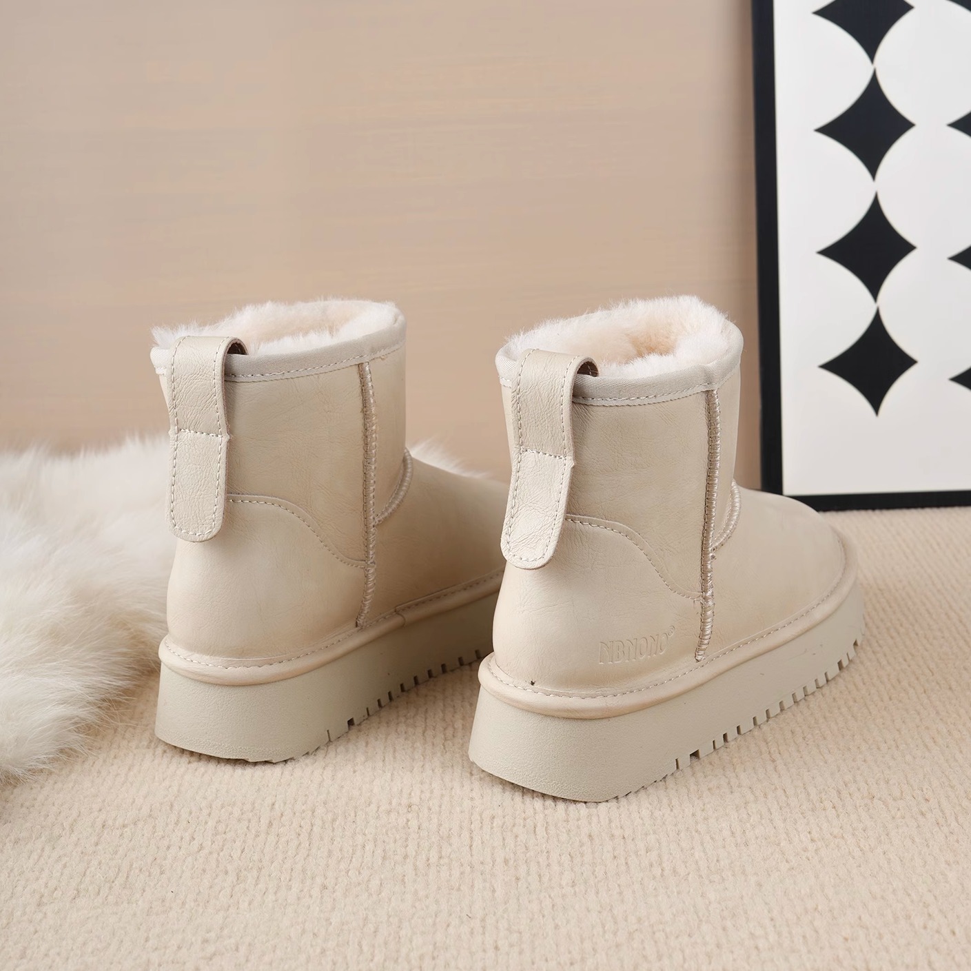 防水防滑厚底短靴皮面女雪地靴