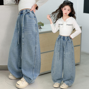 女童烫钻牛仔裤春2026新款儿童直筒阔腿裤女孩大童闪闪裤春装裤子