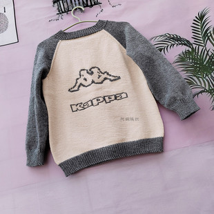 阿娴编织  kp图案插肩款撞色儿童毛衣diy材料包棒针编织视频 教程