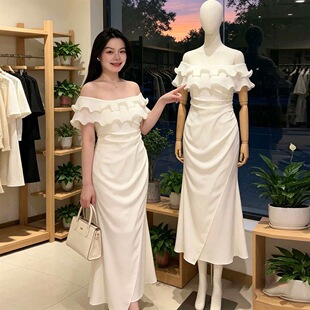 大码女装胖mm2026夏季新款法式纯欲斜肩缎面鱼尾连衣裙高级感长裙