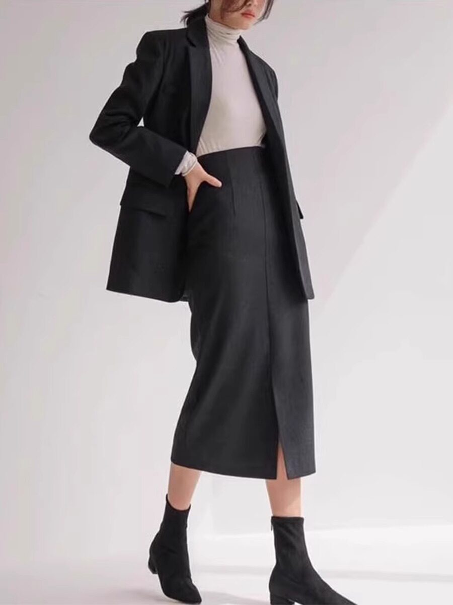 이론 앵거스 여성용 고급 회색 모직 정장 캐주얼 스커트 정장 봄 가을 신상 투피스 세트