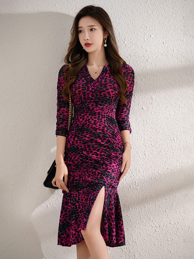 이론 앵거스 가을 새로운 기질 붉은 꽃무늬 표범 프린트 통근 에이라인 스커트 주름 메쉬 드레스