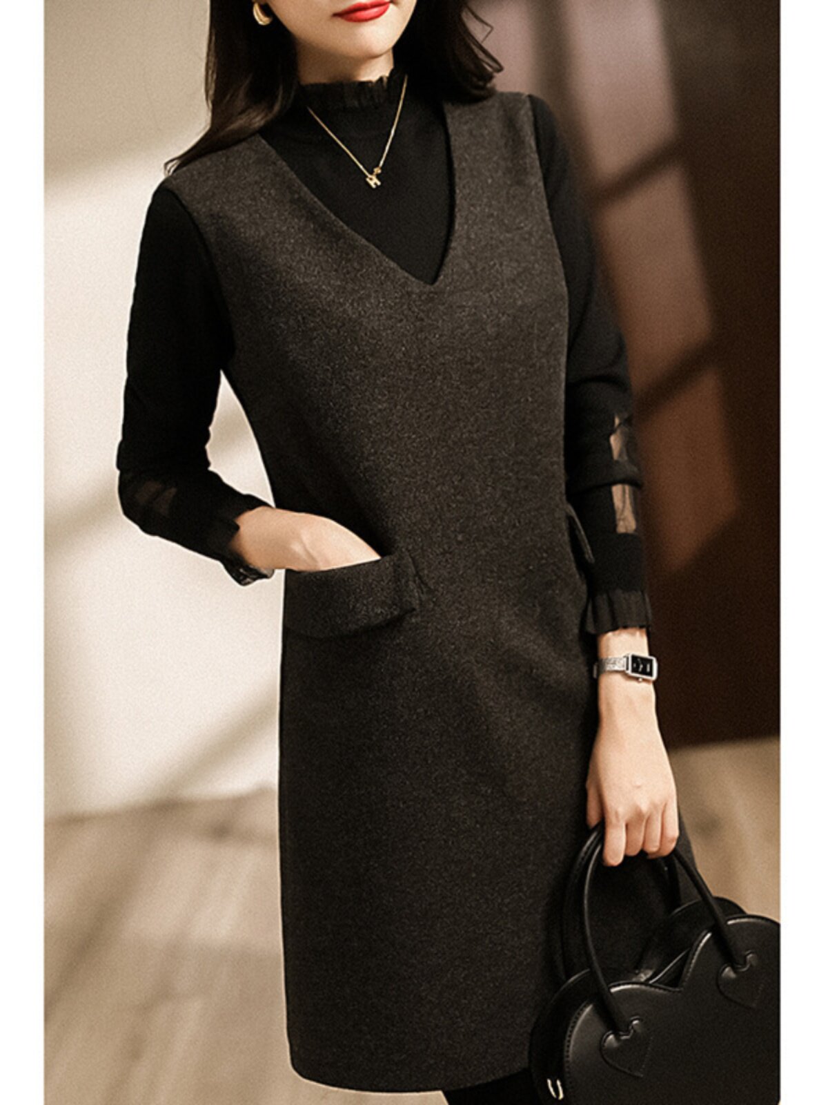 THEORY ANGUS 슬림 민소매 V 넥 드레스 여성 겨울을위한 슬림하고 다양한 캐주얼 모직 조끼 조끼 드레스