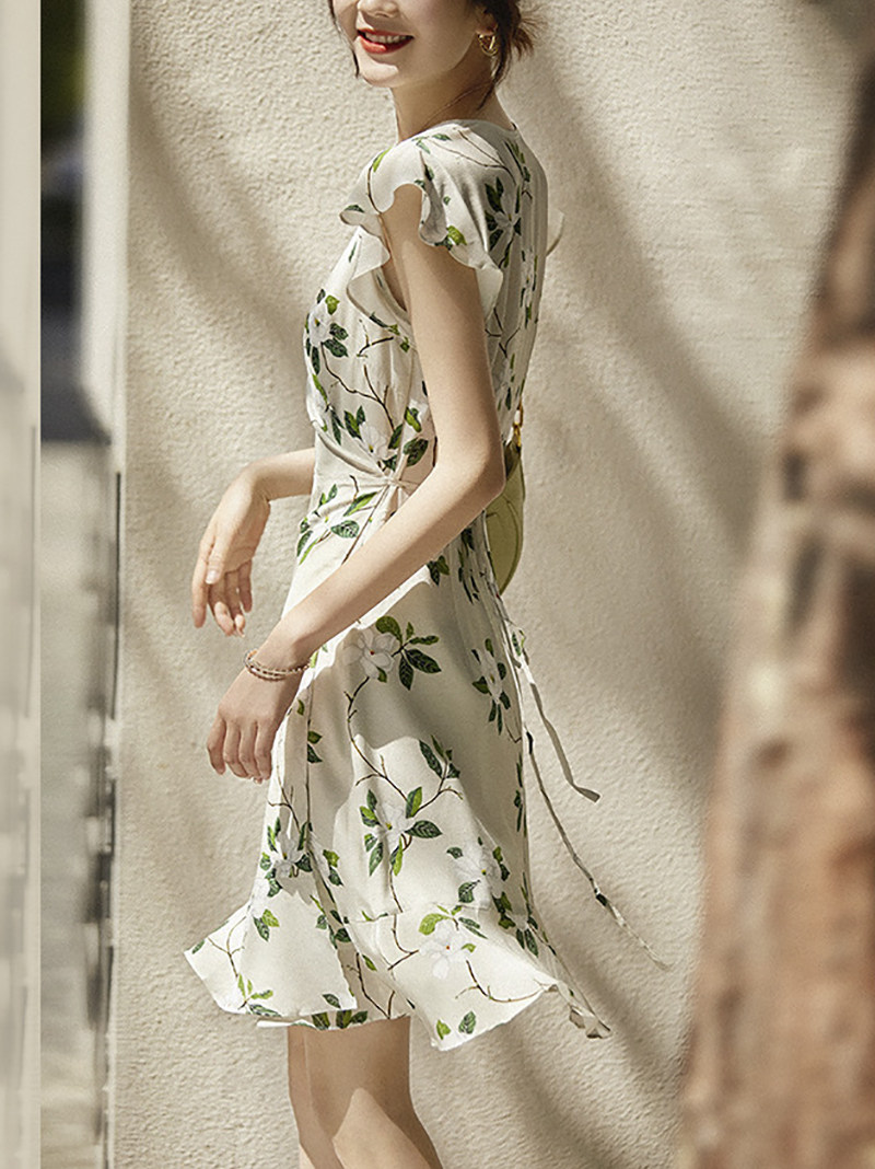 THEORY ANGUS 여름 2023 새로운 직업 통근 스타일 플라잉 슬리브 랩 뽕나무 실크 차 드레스