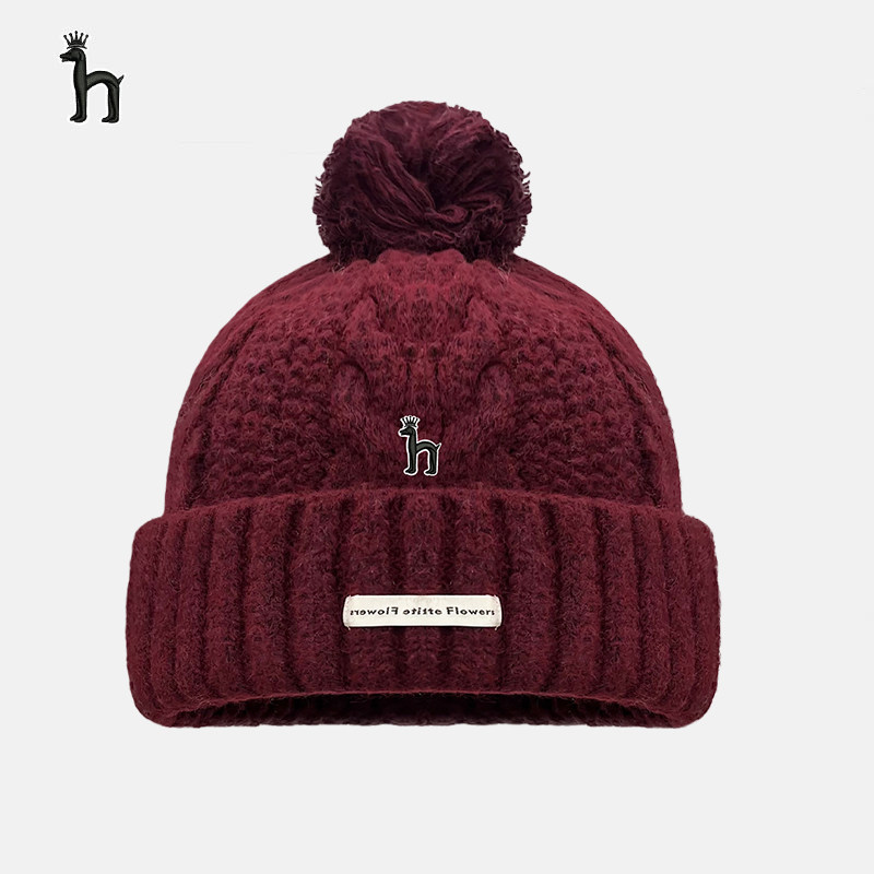 哈吉斯船长日系纯色大毛球麻花针织帽女冬季保暖护耳毛线帽大头围