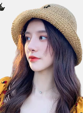 哈吉斯船长小众花边手工草帽女夏显脸小渔夫帽遮阳防晒水桶帽盆帽