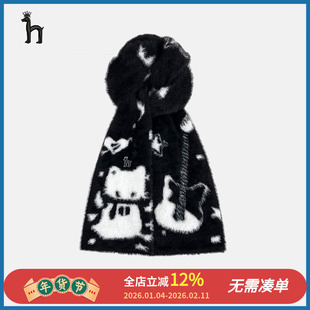 哈吉斯船长日系吉他小猫黑白双面围巾女冬日保暖可爱兔子围脖护颈