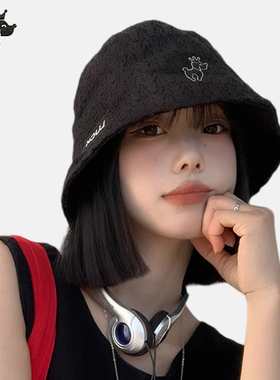 哈吉斯船长休闲字母褶皱渔夫帽女春夏季黑色百搭大头围时尚水桶帽