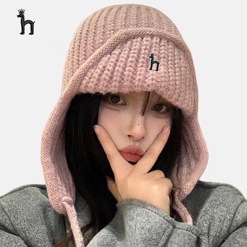 哈吉斯船长粉色针织毛线帽女秋冬护耳飞行帽百搭显脸小滑雪雷锋帽