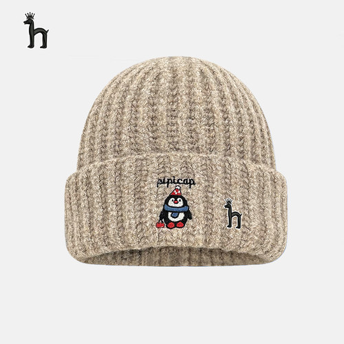 哈吉斯船长2025新款可爱小企鹅刺绣毛线帽女秋冬保暖显脸小针织帽