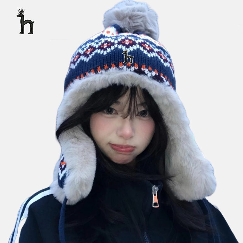 哈吉斯船长女冬针织毛线帽保暖加绒加厚户外玩雪防寒护耳雷锋帽