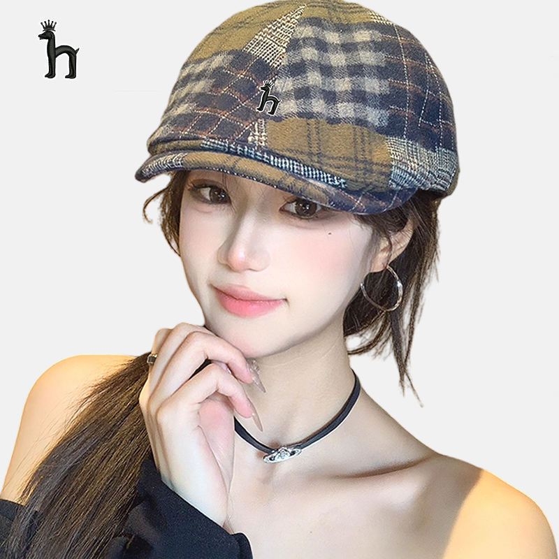 哈吉斯船长2025复古英伦拼色贝雷帽男女秋冬格子画家帽韩版前进帽