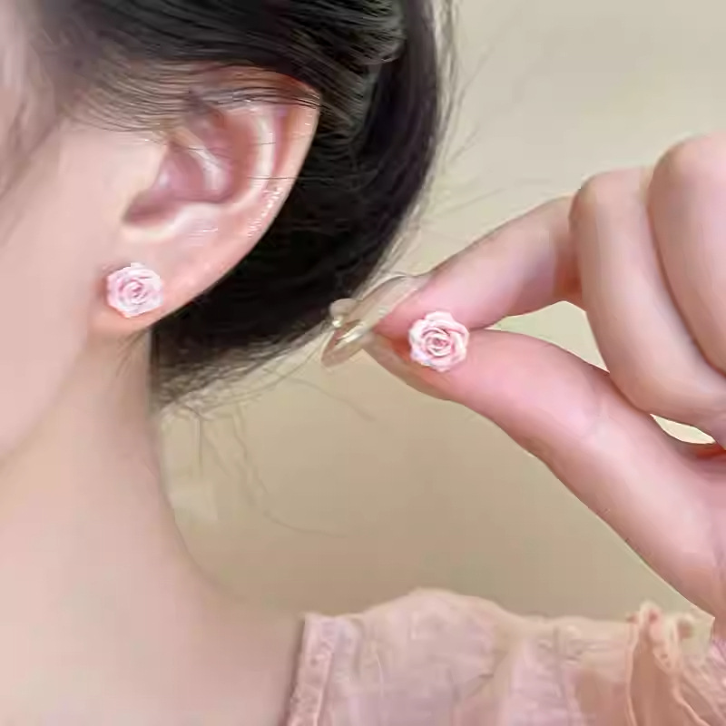 加州粉色玫瑰花朵银针耳钉女2025