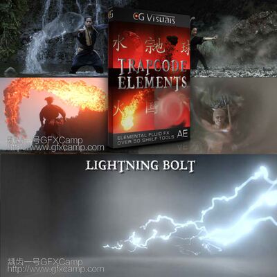 AE模板-水流火焰石头尘土闪电冰气粒子武侠打斗特效动画 Trapcode