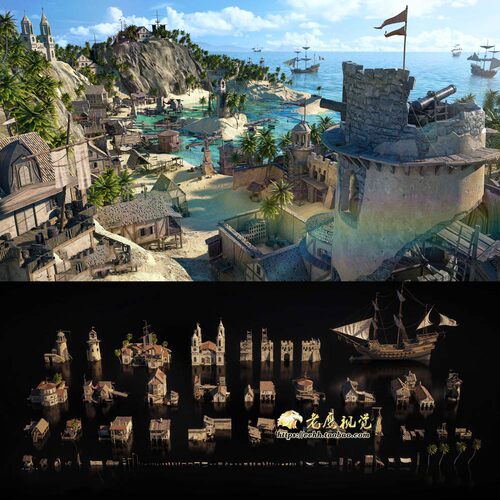 海岛港口码头建筑楼房3D模型 C4D/MAX/FBX/OBJ/Maya/Blender等