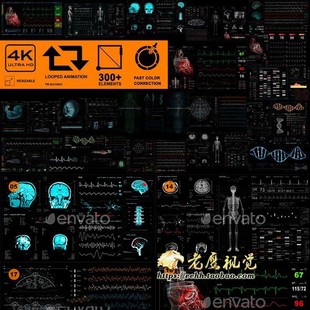 AE模板 300个医疗生物科幻HUD动画UI界面元素