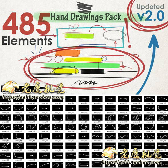 AE模板 485种手绘粉笔箭头路径画圆圈数字图形动画+通道视频素材