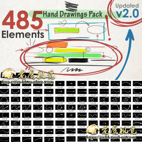 AE模板 485种手绘粉笔箭头路径画圆圈数字图形动画+通道视频素材