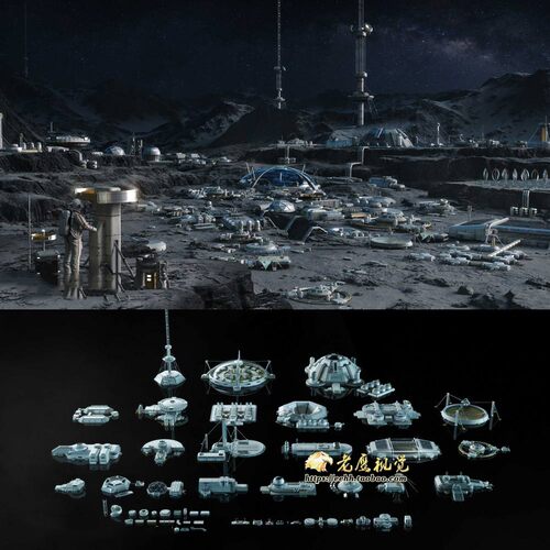 科幻月球基地建筑楼房设施3D模型 C4D/MAX/FBX/OBJ/Maya/Blender