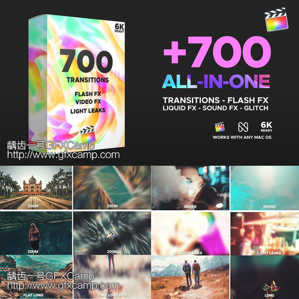 FCPX插件 700个旋转扭曲冲击移动模糊光效摄像机无缝视频转场预设