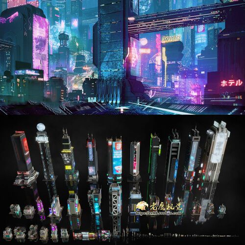 赛博朋克未来科幻楼房建筑3D模型C4D/MAX/FBX/OBJ/Maya/Blender等
