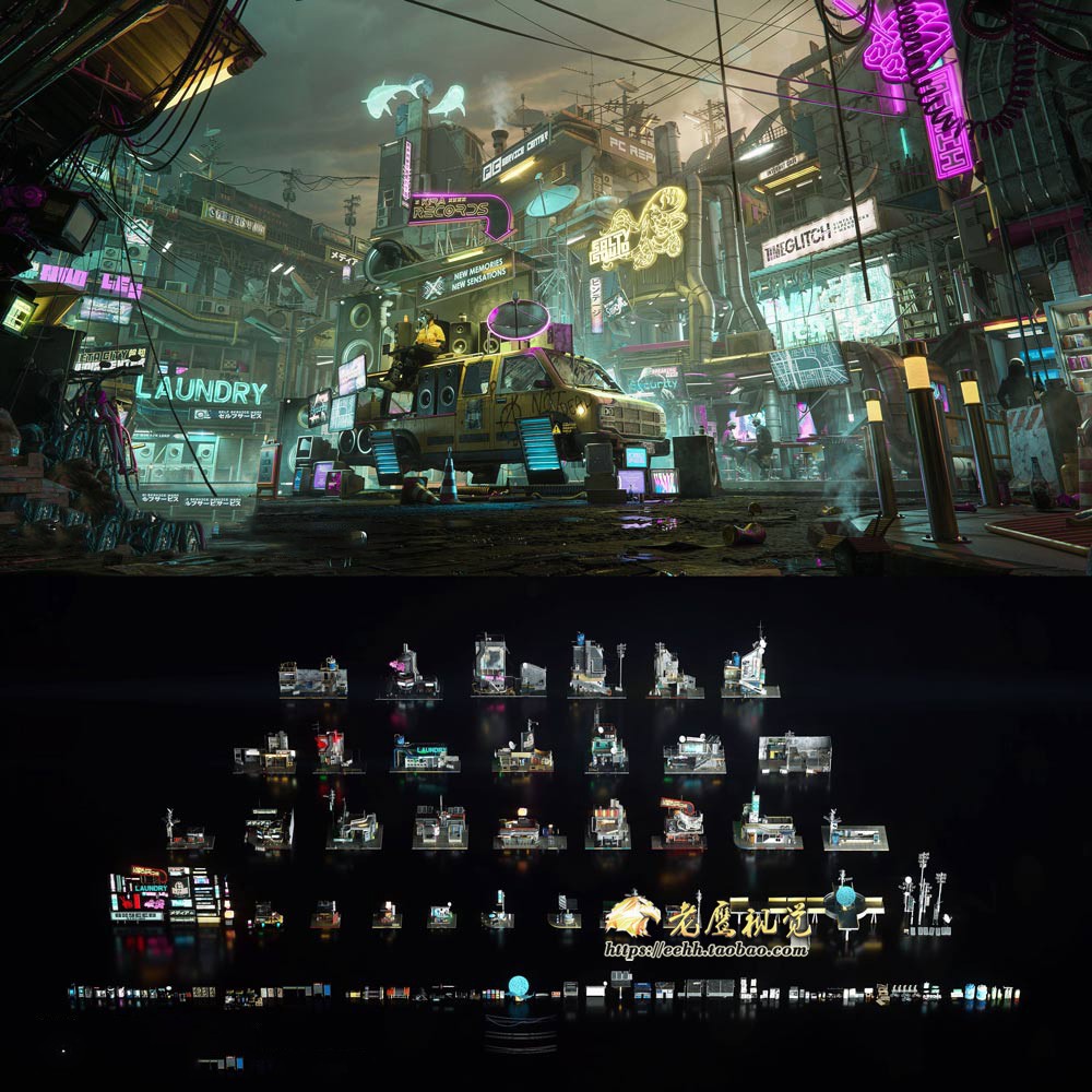 赛博朋克城市街道设施建筑3D模型C4D/MAX/FBX/OBJ/Maya/Blender等
