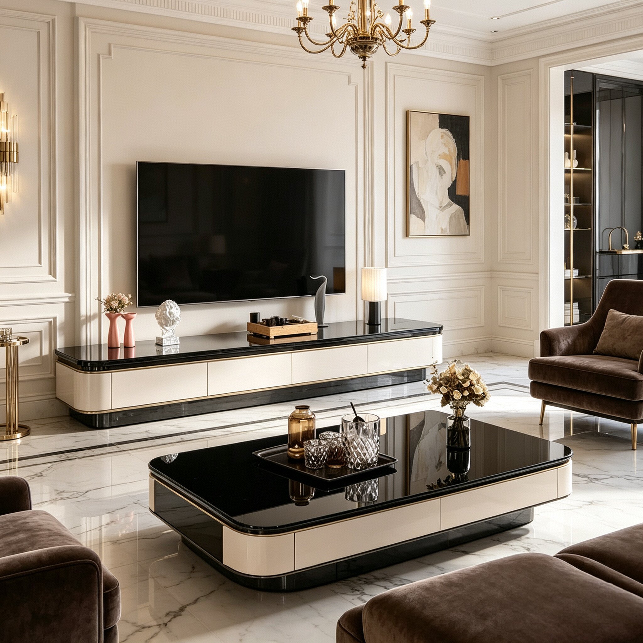 黑色钢化玻璃大理石茶几电视柜套装客厅家用现代简约轻奢高级感