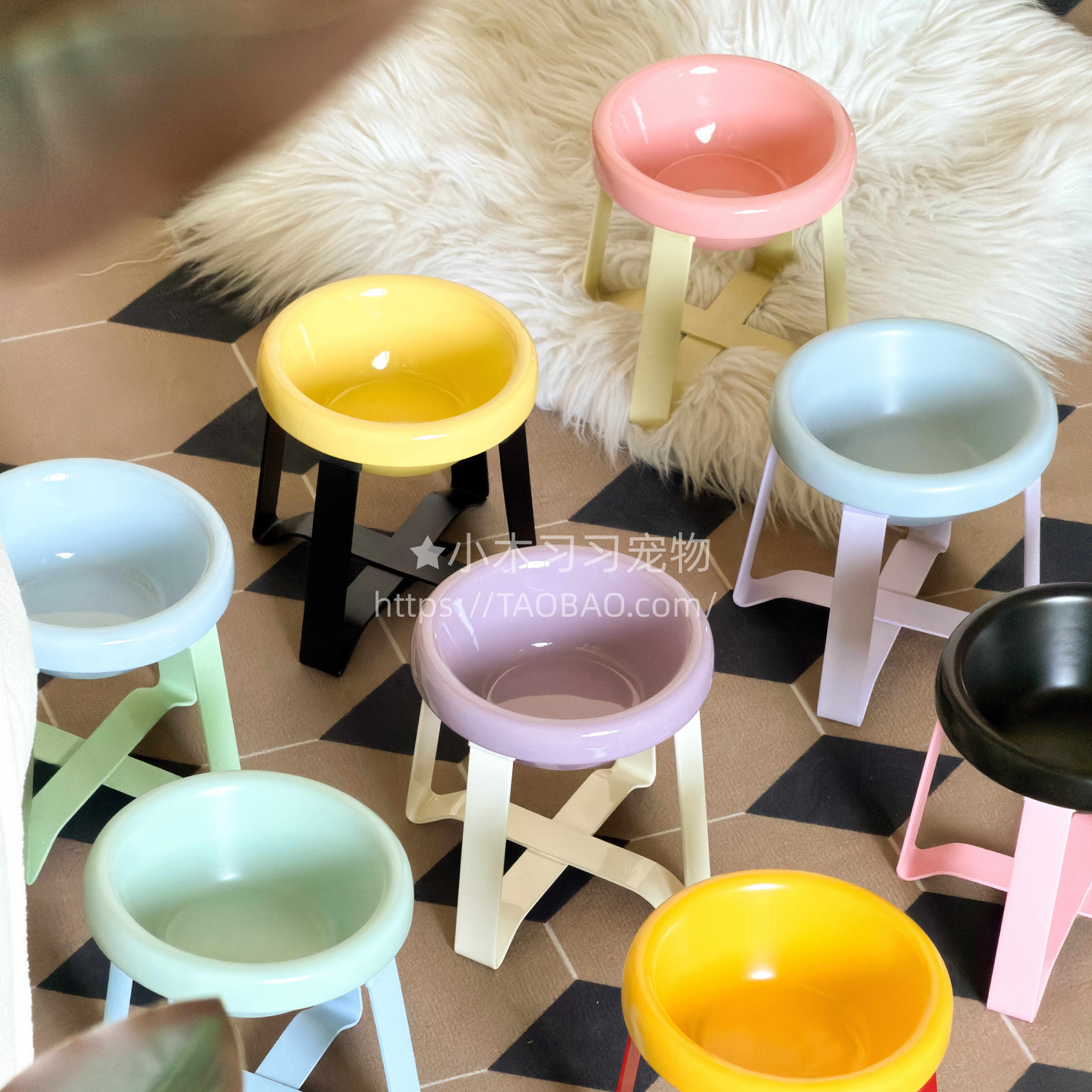 pecolo深浅口水粮陶瓷猫狗宠物碗护颈增高防打翻食盆14cm碗架套装